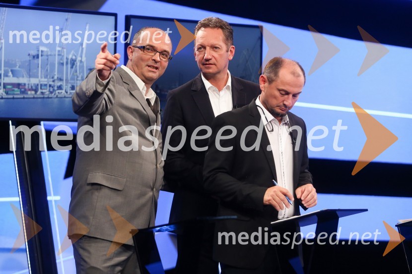  Sebastjan Jeretič, kandidat za piranskega župana;  Boris Popovič, župan Kopra;  Gašpar Gašpar  Mišič, bivši predsednik uprave Luka KoperPredvolilno soočenje županskih kandidatov na POP TV