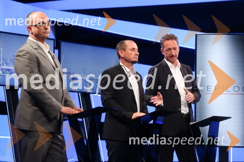  Sebastjan Jeretič, kandidat za piranskega župana;  Gašpar Gašpar  Mišič, bivši predsednik uprave Luka Koper;  Boris Popovič, župan KopraPredvolilno soočenje županskih kandidatov na POP TV