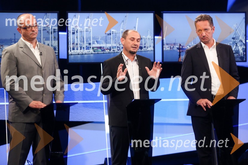  Sebastjan Jeretič, kandidat za piranskega župana;  Gašpar Gašpar  Mišič, bivši predsednik uprave Luka Koper;  Boris Popovič, župan KopraPredvolilno soočenje županskih kandidatov na POP TV