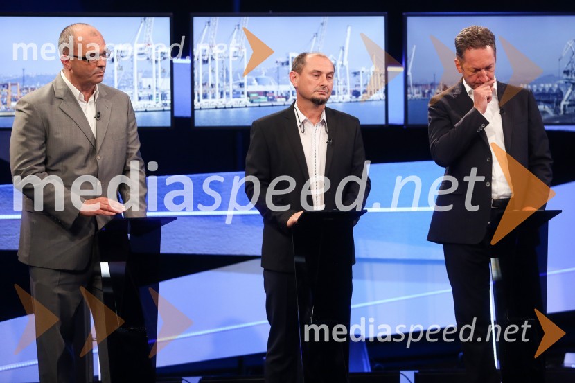  Sebastjan Jeretič, kandidat za piranskega župana;  Gašpar Gašpar  Mišič, bivši predsednik uprave Luka Koper;  Boris Popovič, župan KopraPredvolilno soočenje županskih kandidatov na POP TV