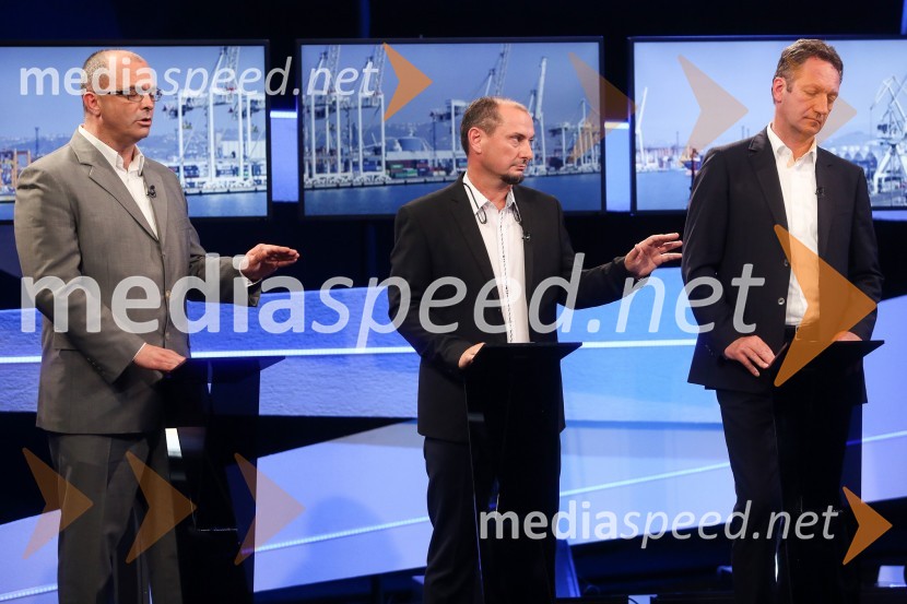  Sebastjan Jeretič, kandidat za piranskega župana;  Gašpar Gašpar  Mišič, bivši predsednik uprave Luka Koper;  Boris Popovič, župan KopraPredvolilno soočenje županskih kandidatov na POP TV