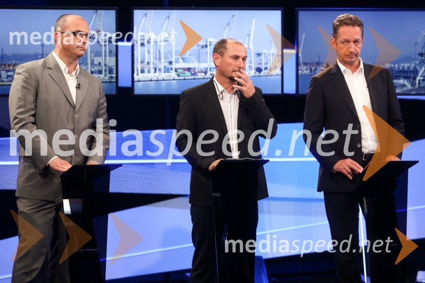  Sebastjan Jeretič, kandidat za piranskega župana;  Gašpar Gašpar  Mišič, bivši predsednik uprave Luka Koper;  Boris Popovič, župan KopraPredvolilno soočenje županskih kandidatov na POP TV