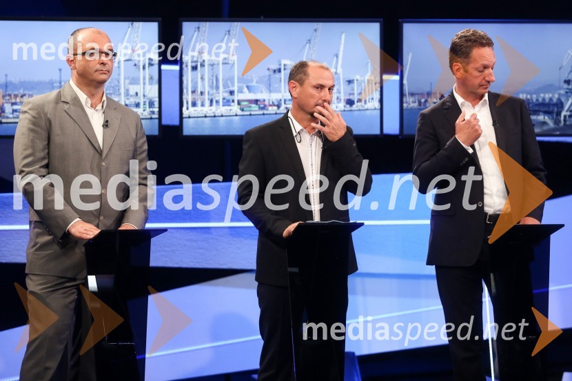  Sebastjan Jeretič, kandidat za piranskega župana;  Gašpar Gašpar  Mišič, bivši predsednik uprave Luka Koper;  Boris Popovič, župan KopraPredvolilno soočenje županskih kandidatov na POP TV