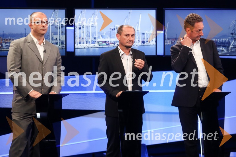  Sebastjan Jeretič, kandidat za piranskega župana;  Gašpar Gašpar  Mišič, bivši predsednik uprave Luka Koper;  Boris Popovič, župan KopraPredvolilno soočenje županskih kandidatov na POP TV