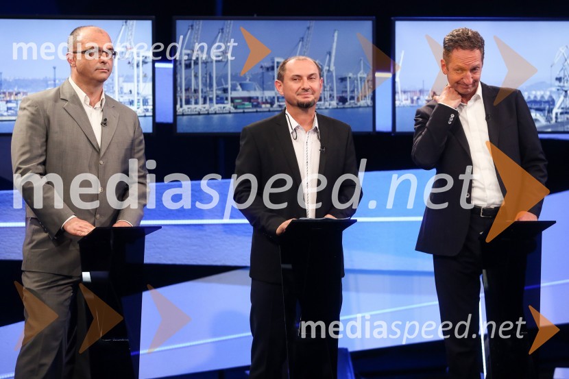  Sebastjan Jeretič, kandidat za piranskega župana;  Gašpar Gašpar  Mišič, bivši predsednik uprave Luka Koper;  Boris Popovič, župan KopraPredvolilno soočenje županskih kandidatov na POP TV