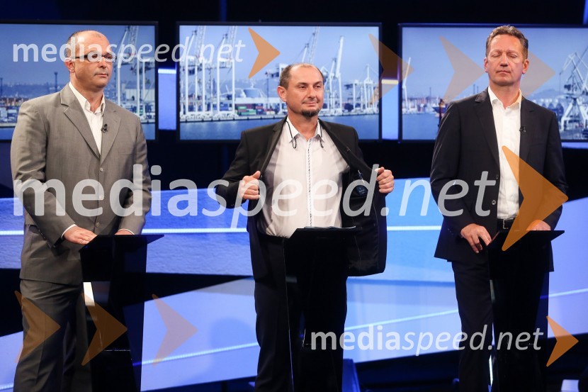  Sebastjan Jeretič, kandidat za piranskega župana;  Gašpar Gašpar  Mišič, bivši predsednik uprave Luka Koper;  Boris Popovič, župan KopraPredvolilno soočenje županskih kandidatov na POP TV