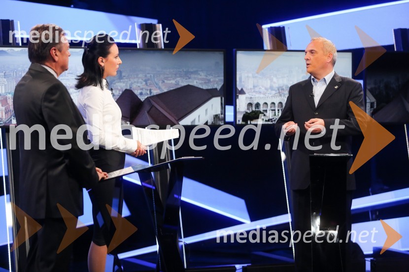  Zoran Janković, župan MOL, predsednik PS;  Maja Sodja, tv voditeljica;  Damjan Damjanovič, direktor Slovenske filharmonije Predvolilno soočenje županskih kandidatov na POP TV