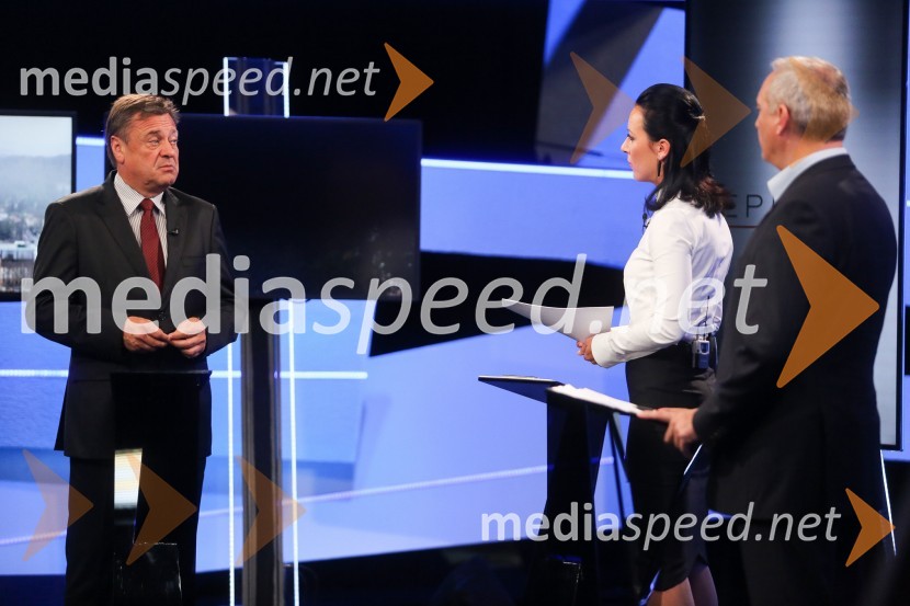  Zoran Janković, župan MOL, predsednik PS;  Maja Sodja, tv voditeljica;  Damjan Damjanovič, direktor Slovenske filharmonije Predvolilno soočenje županskih kandidatov na POP TV