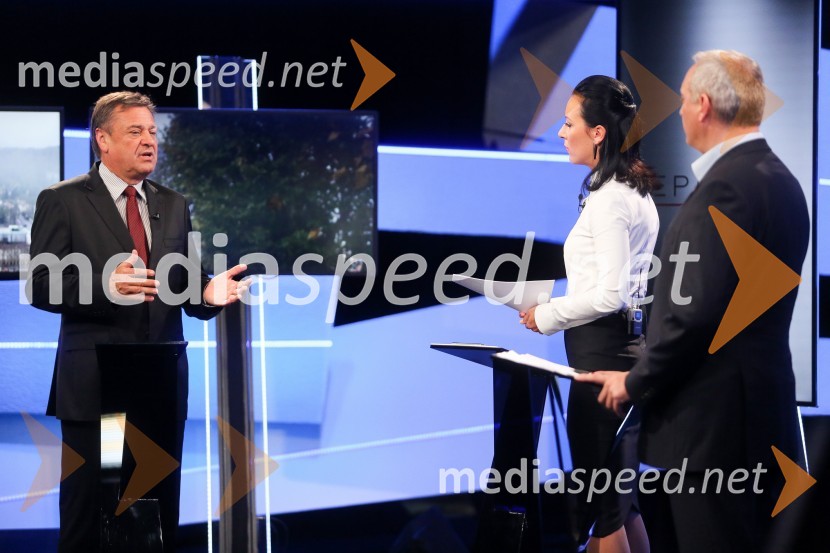  Zoran Janković, župan MOL, predsednik PS;  Maja Sodja, tv voditeljica;  Damjan Damjanovič, direktor Slovenske filharmonije Predvolilno soočenje županskih kandidatov na POP TV