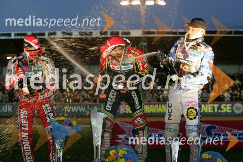 Hans Andersen (Danska), Leigh Adams (Avstralija) in Fredrik Lindgren (Švedska)SPEEDWAY GRAND PRIX, VN Švedske 2007