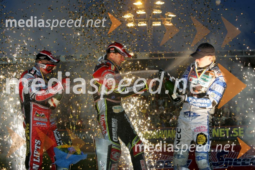 Hans Andersen (Danska), Leigh Adams (Avstralija) in Fredrik Lindgren (Švedska)SPEEDWAY GRAND PRIX, VN Švedske 2007