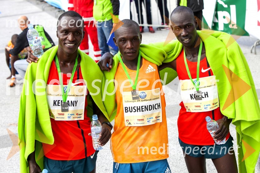  Elijah Keitany, maratonec (2. mesto, 42 km, moški);  Ishimael Bushendich, maratonec (1. mesto, 42 km, moški);  Edwin Kibet Koech, maratonec (3. mesto, 42 km, moški)Volkswagen 19. Ljubljanski maraton 2014