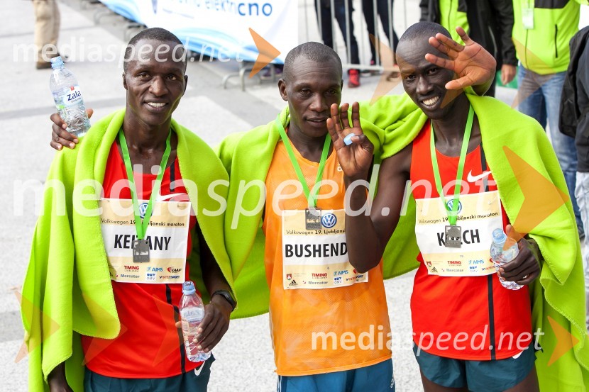  Elijah Keitany, maratonec (2. mesto, 42 km, moški);  Ishimael Bushendich, maratonec (1. mesto, 42 km, moški);  Edwin Kibet Koech, maratonec (3. mesto, 42 km, moški)Volkswagen 19. Ljubljanski maraton 2014