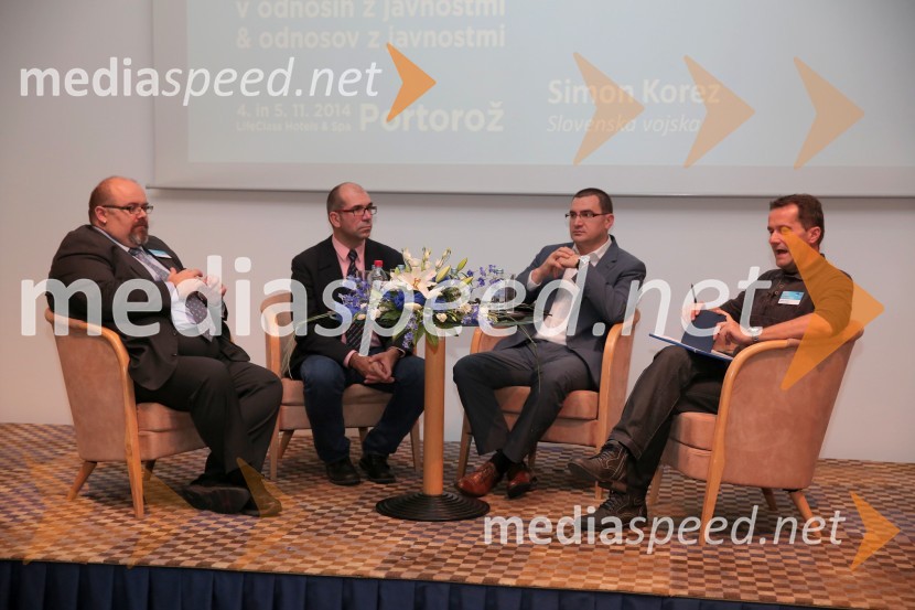  Krunoslav Vidić, predsednik, SEECOM;  Miloš Djajić, predsednik, Društvo Srbije za odnose z javnostmi;  Dragan Močević, direktor agencije Prime Communications;  Simon Korez, Načelnik Kabineta načelnika generalštaba18. SKOJ 2014, Slovenska konferenca za odnose z javnostmi, 1. dan