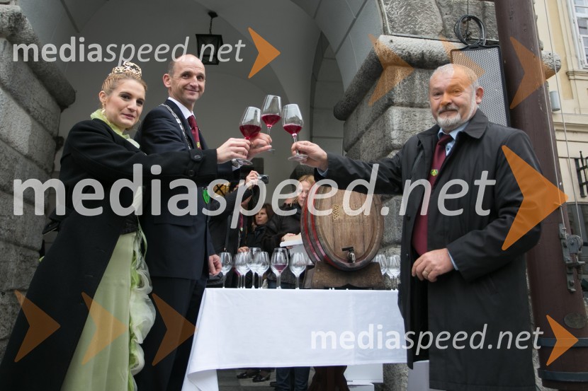  Špela Štokelj, Vinska kraljica Slovenije 2014;  Drago Kregar;  Rado Stojanovič, organizator, Martinovanje v LjubljaniZnani Slovenci martinovali v Ljubljani