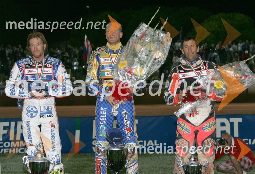 Jason Crump, Avstralija; Tony Rickardsson, Švedska in Greg Hancock, ZDASPEEDWAY, Speedway Grand Prix - VN Italije 2005 dirka