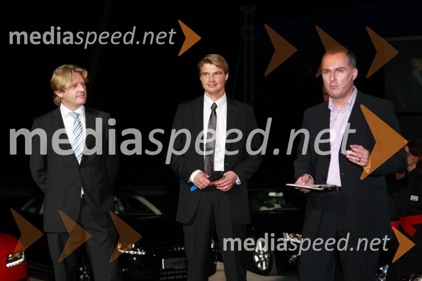 ..., Wilfried Weitgasser, direktor Porsche Slovenija in Igor E. Bergant, novinar športnega uredništva na RTV SlovenijaNočna vožnja Audi