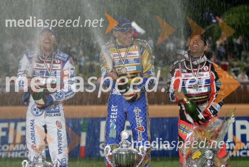 Jason Crump, Avstralija; Tony Rickardsson, Švedska in Greg Hancock, ZDASPEEDWAY, Speedway Grand Prix - VN Italije 2005 dirka