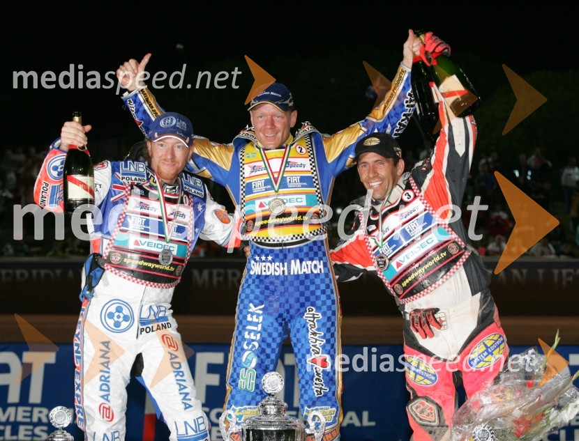 Jason Crump, Avstralija; Tony Rickardsson, Švedska in Greg Hancock, ZDASPEEDWAY, Speedway Grand Prix - VN Italije 2005 dirka
