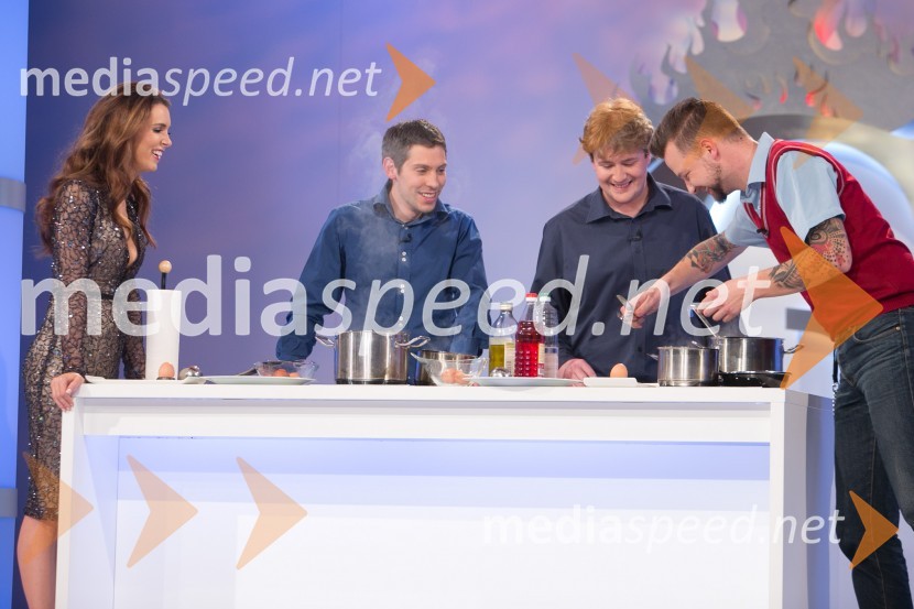  Lili Žagar, voditeljica;  Valerio Lutman, zmagovalec šova Gostilna išče šefa 2014;  Marko  Gorela, finalist šova Gostilna išče šefa 2014;  Bine Volčič, kuharski mojsterValerio Lutman je zmagovalec šova Gostilna išče šefa 2014