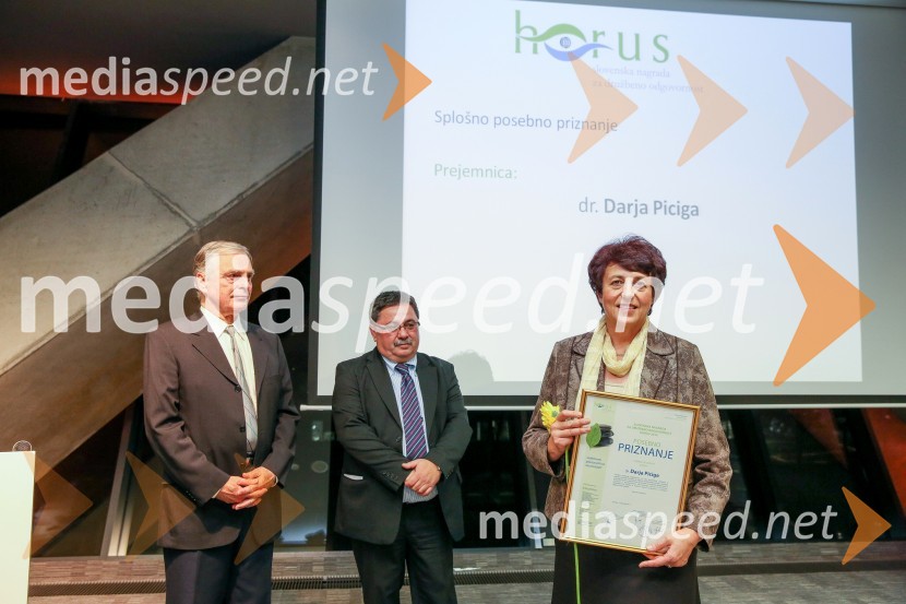 ddr. Matjaž Mulej, Predsednik Strokovno-organizacijskega odbora nagrade Horus;  Boris Jesih, podpredsednik ocenjevalne komisije za nagrado Horus 2014 ; dr.  Darja  Piciga, doktorica psiholoških znanostiPodelitev nagrad družbene odgovornosti HORUS