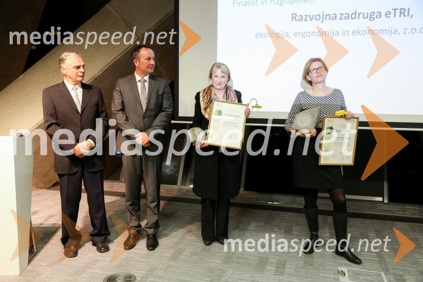 ddr. Matjaž Mulej, Predsednik Strokovno-organizacijskega odbora nagrade Horus;  Tadej Slapnik, državni sekretar, kabinet predsednika Vlade RS; mag. Silvana Šonc, direktorica, Bolnišnica Sežana;  Lenka Puh, Razvojna zadruga EtriPodelitev nagrad družbene odgovornosti HORUS
