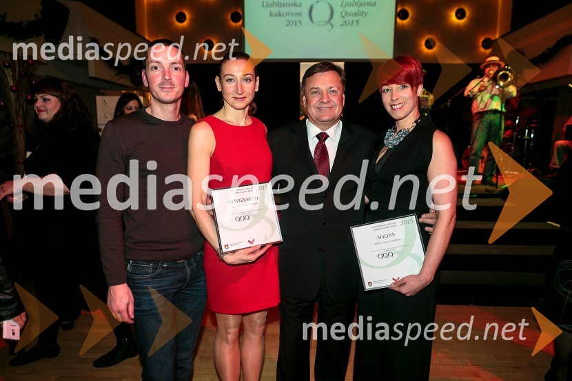  Eric Jean, astnik trgovine Oliviers&Co.;  Maja Jean, lastnica trgovine Oliviers&Co.;  Zoran Janković, župan MOL, predsednik PS;  Erika Velušček, M4LINELjubljanska kakovost 2015, podelitev priznanj