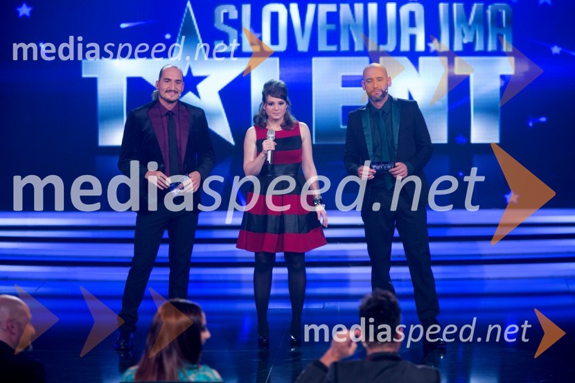  Vid  Valič, voditelj;  Eva Saje;  Peter Poles, voditeljSlovenija ima talent 2014, peta polfinalna oddaja