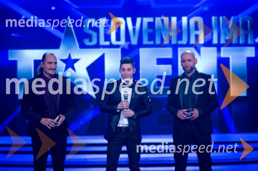  Vid  Valič, voditelj;  Steven Rahman, finalist oddaje Slovenija ima talent 2014;  Peter Poles, voditeljSlovenija ima talent 2014, peta polfinalna oddaja