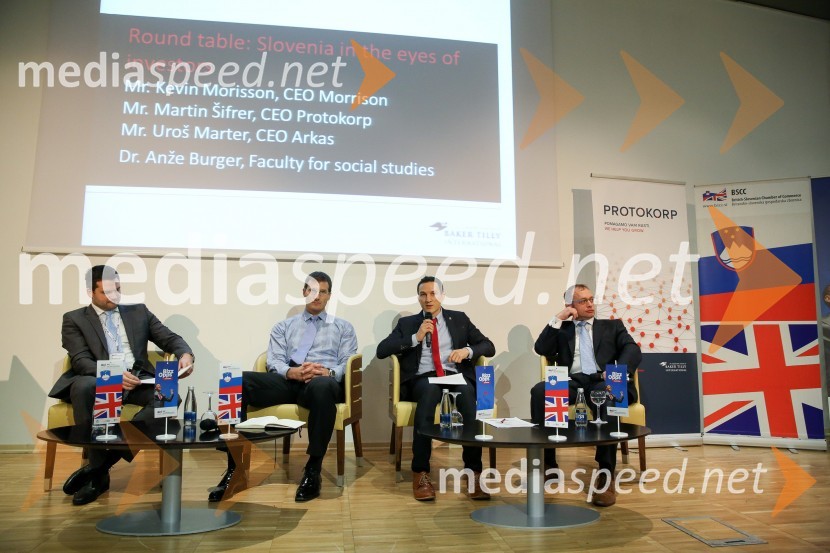  Martin Šifrer, direktor, Protokorp;  Uroš Marter, direktor, Arkas; dr. Anže Burger, Fakulteta za družbene vede Univerze v Ljubljani;  Kevin Morrison, nekdanji predsednik Britansko-slovenske gospodarske zbornice (BSCC)BSCC Poslovni zajtrk: How to do business in Slovenia
