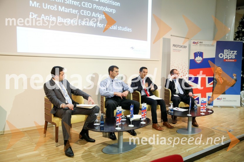  Martin Šifrer, direktor, Protokorp;  Uroš Marter, direktor, Arkas; dr. Anže Burger, Fakulteta za družbene vede Univerze v Ljubljani;  Kevin Morrison, nekdanji predsednik Britansko-slovenske gospodarske zbornice (BSCC)BSCC Poslovni zajtrk: How to do business in Slovenia