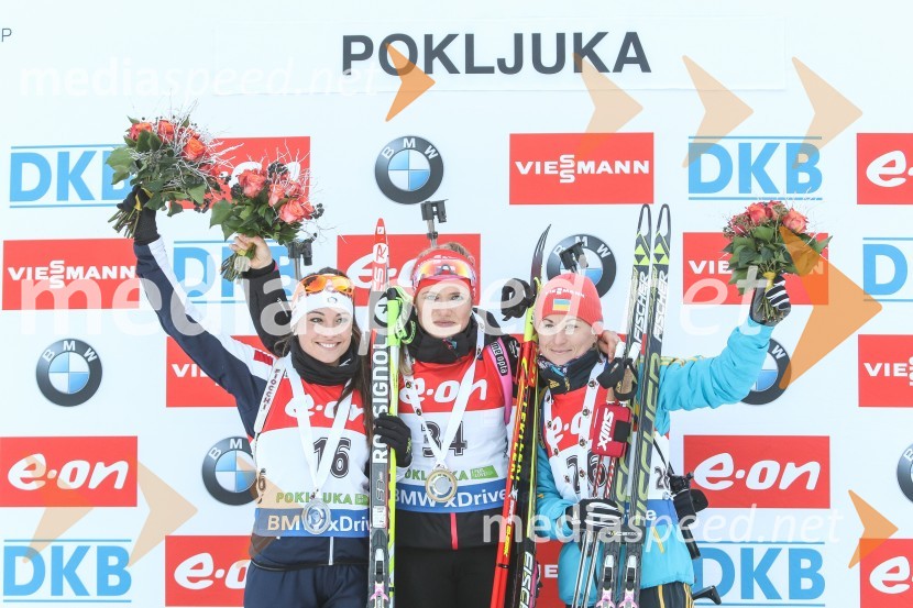  Dorothea Wierer, biatlonka (Italija);  Gabriela Soukalová, biatlonka (Češka);  Valj Semerenko, biatlonka (Ukrajina)BMW IBU Svetovni pokal v biatlonu, Pokljuka 2014