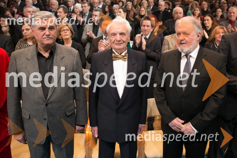  Andrej Brvar, pesnik, pisatelj;  Miki Muster, ilustrator; prof. dr. Janez Bogataj, predsednik Upravnega odbora Prešernovega skladaPrešernova proslava ob kulturnem prazniku 2015