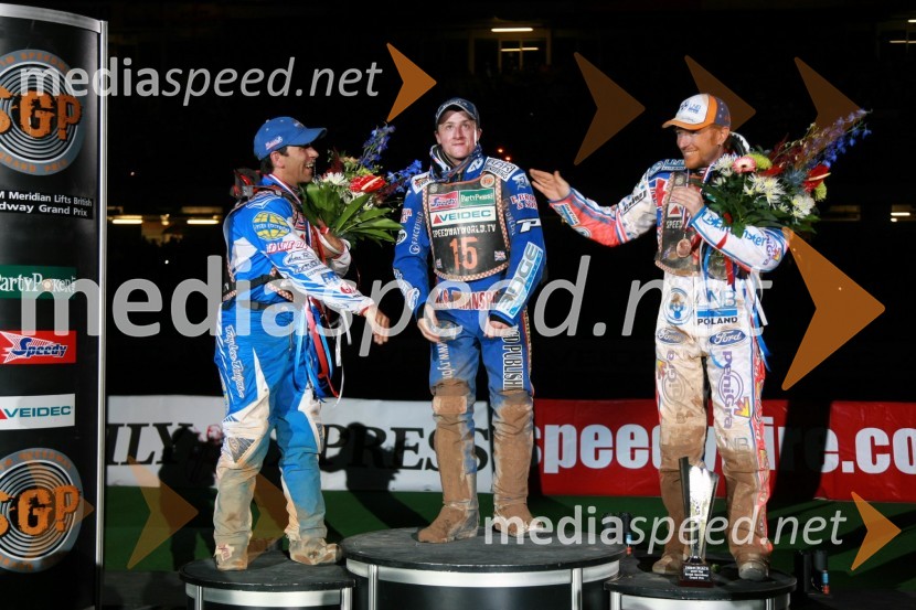 Greg Hancock (ZDA), Chris Harris (Velika Britanija) in Jason Crump (Avstralija)SPEEDWAY GRAND PRIX, VN Velike Britanije 2007