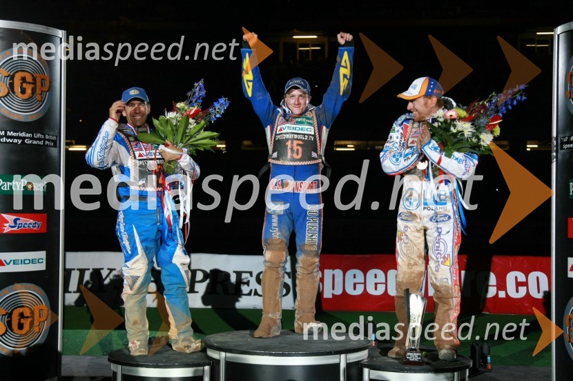 Greg Hancock (ZDA), Chris Harris (Velika Britanija) in Jason Crump (Avstralija)SPEEDWAY GRAND PRIX, VN Velike Britanije 2007