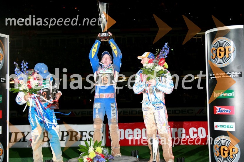 Greg Hancock (ZDA), Chris Harris (Velika Britanija) in Jason Crump (Avstralija)SPEEDWAY GRAND PRIX, VN Velike Britanije 2007