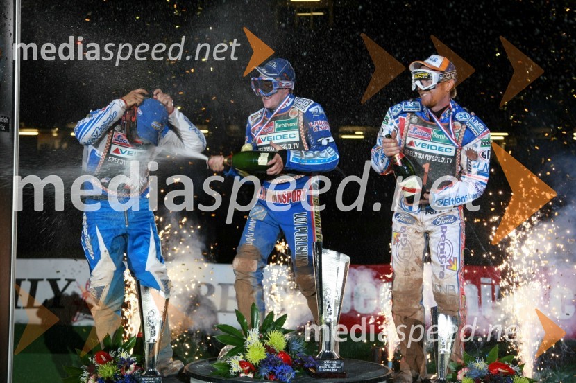 Greg Hancock (ZDA), Chris Harris (Velika Britanija) in Jason Crump (Avstralija)SPEEDWAY GRAND PRIX, VN Velike Britanije 2007