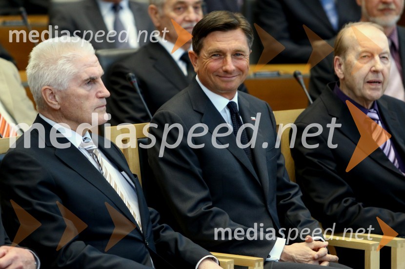 prof. dr. Ludvik Toplak,  predsednik Alma Mater Europaea, nekdanji rektor UM;  Borut Pahor, predsednik Republike Slovenije;  Jože ZupančičDržavna proslava in slavnostna seja ob 25. obletnici prvih svobodnih večstrankarskih volitev