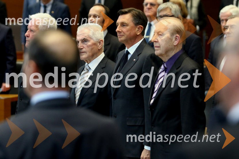  Ivan Bizjak; prof. dr. Ludvik Toplak,  predsednik Alma Mater Europaea, nekdanji rektor UM;  Borut Pahor, predsednik Republike Slovenije;  Jože ZupančičDržavna proslava in slavnostna seja ob 25. obletnici prvih svobodnih večstrankarskih volitev