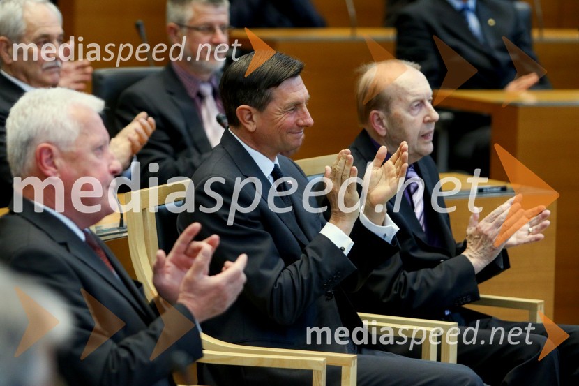  Rudolf Moge, nekdanji politik;  Ivan Bizjak;  Borut Pahor, predsednik Republike Slovenije;  Jože ZupančičDržavna proslava in slavnostna seja ob 25. obletnici prvih svobodnih večstrankarskih volitev