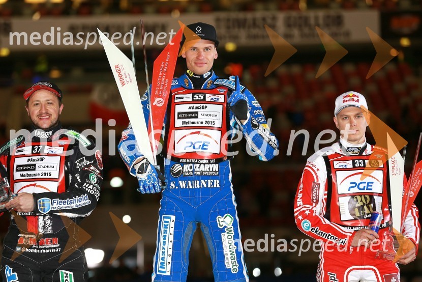  Chris Harris, speedwayist (Velika Britanija);  Matej Žagar, speedwayist (Slovenija);  Jaroslaw  Hampel, speedwayist (Poljska)Matej Žagar zmagovalec nenavadne dirke za VN Poljske