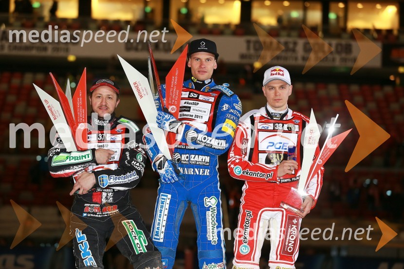  Chris Harris, speedwayist (Velika Britanija);  Matej Žagar, speedwayist (Slovenija);  Jaroslaw  Hampel, speedwayist (Poljska)Matej Žagar zmagovalec nenavadne dirke za VN Poljske