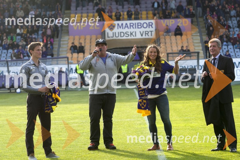  Peter  Prevc, smučarski skakalec;  Matjaž  Šalamun - Šalca, Reporter Milan, Radio City;  Tina Maze, smučarka (Slovenija);  Drago Cotar, direktor Zavarovalnega združenja, predsednik NK Maribor in organizacijskega odbora Zlate lisiceVečni derbi NK Maribor : NK Olimpija slavili vijolični