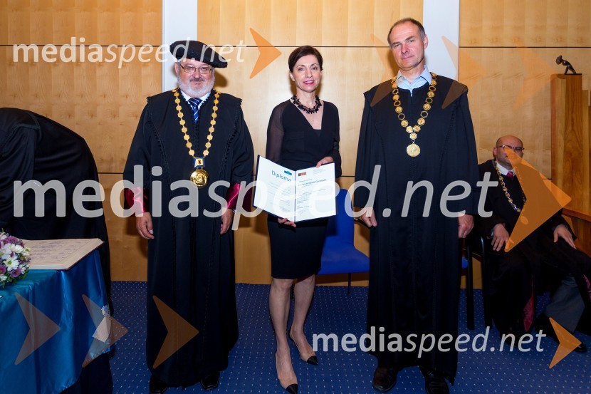 prof. dr. Igor Tičar, rektor, Univerza v Mariboru; dr. Alenka Hmelak Gorenjak, Fakulteta za kmetijstvo in biosistemske vede, UM; prof. dr.  Mario  Lešnik, dekan Fakultete za kmetijstvo in biosistemske vede MariborPromocija doktorjev znanosti UM, junij 2015