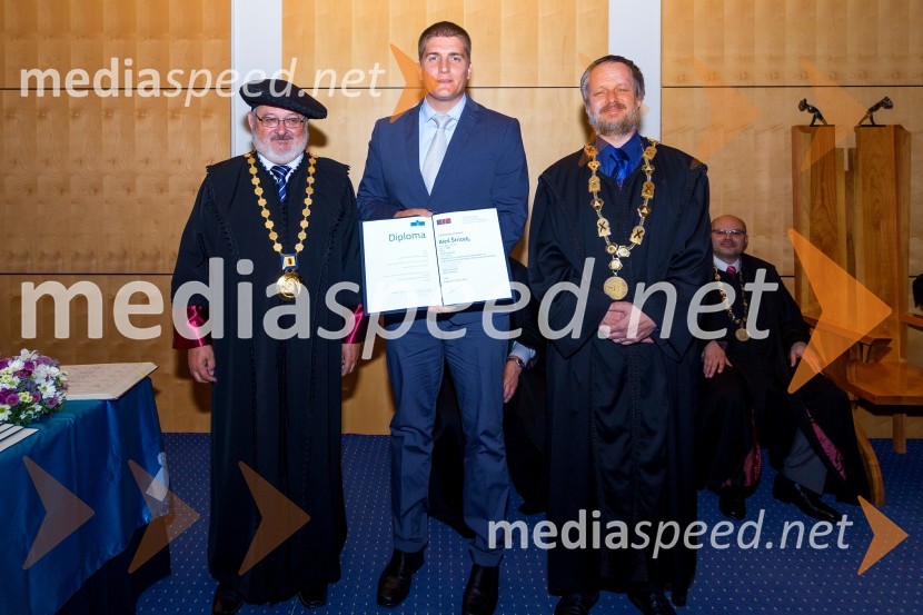 prof. dr. Igor Tičar, rektor, Univerza v Mariboru; dr. Aleš Štricelj, Fakulteta za elektrotehniko, računalništvo in informatiko, UM; prof. dr. Borut  Žalik, dekan, Fakulteta za elektrotehniko, računalništvo in informatiko, Univerza v MariboruPromocija doktorjev znanosti UM, junij 2015