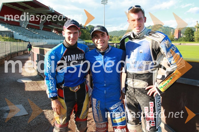 Matija Duh (AMD Krško), Izak Šantej (AMD Krško) in Matej Žagar (AMTK Ljubljana)SPEEDWAY Krško, trening