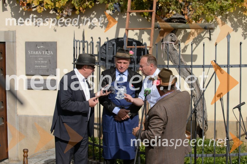 dr. Andrej Fištravec, župan, Mestna občina Maribor;  ... ;  Stane Kocutar,  odgovorni urednik, Radio Maribor, mestni viničar in skrbnik Stare trte;  Alojz  Jenuš - Slavek, outar in brač iz MalečnikaTrgatev Stare trte 2015
