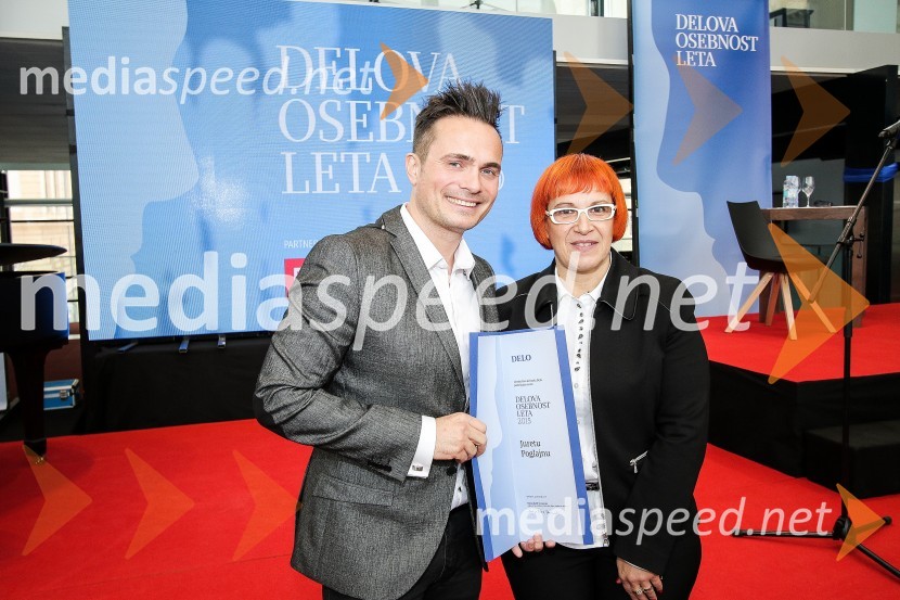  Jure  Poglajen, zobozdravnik;  Mateja Babič Stermecki, odgovorna urednica časopisa DeloDelova osebnost leta 2015 je Jure Poglajen