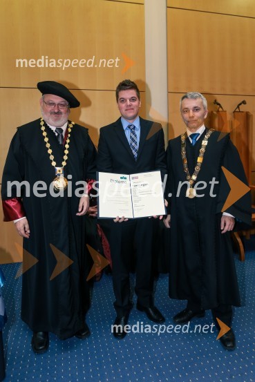 prof. dr. Igor Tičar, rektor, Univerza v Mariboru;  dr. Tomaž Irgolič, Fakulteta za strojništvo, Univerza v Mariboru;  prof. dr. Bojan  Dolšak, Fakulteta za Strojništvo, Univerza v MariboruPromocija doktorjev znanosti UM, marec 2016