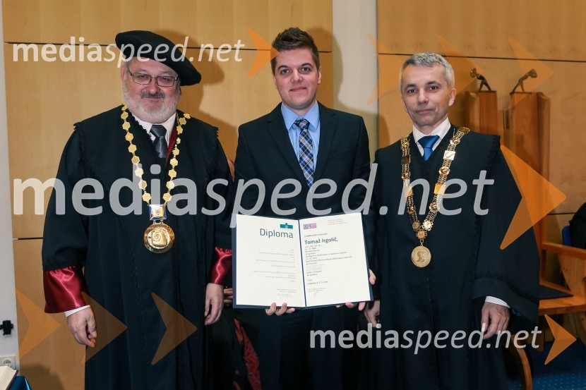 prof. dr. Igor Tičar, rektor, Univerza v Mariboru;  dr. Tomaž Irgolič, Fakulteta za strojništvo, Univerza v Mariboru; prof. dr. Bojan Dolšak, dekan, Fakulteta za strojništvo, Univerza v MariboruPromocija doktorjev znanosti UM, marec 2016